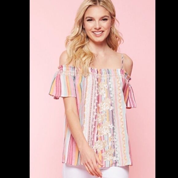 ANDREE BYUNIT STRIPED EMBROIDERED OFF SHOULDER TOP - Picture 5 of 6